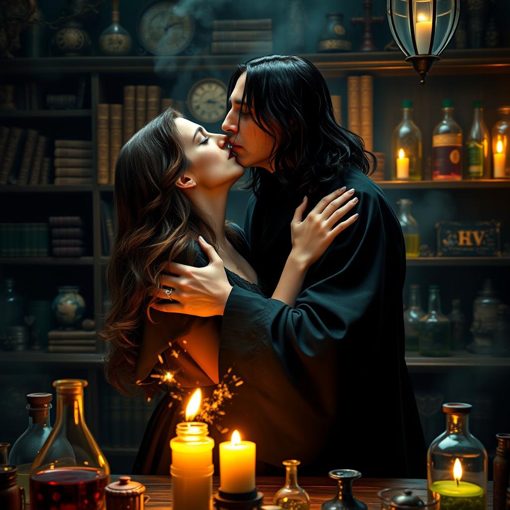 Severus Snape, a tall man with long black hair and wearing a dark wizarding robe, passionately kissing a beautiful woman with flowing brown hair, in an enchanting, dimly lit potion lab filled with colorful potions and mysterious artifacts
