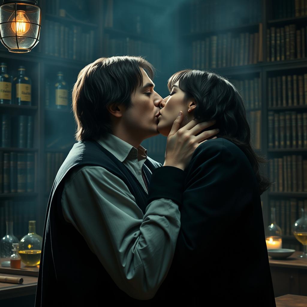 A romantic scene featuring Severus Snape, a character from the Harry Potter series, sharing a passionate kiss with a partner in a dimly lit potions classroom