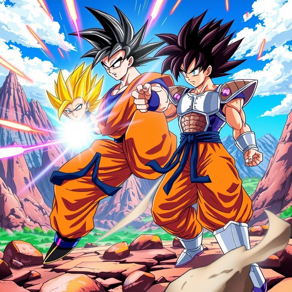An epic scene depicting characters from Dragon Ball, showcasing Goku in his iconic orange Gi, charging up a Kamehameha wave, while Vegeta, in his royal armor, is in a fierce battle stance