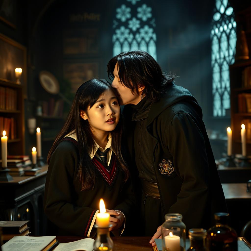 A dramatic scene in a gothic-style classroom, featuring Severus Snape, a tall, dark-haired wizard with a stern expression, leaning in to kiss an Asian female student with long black hair, wearing a Hogwarts school uniform