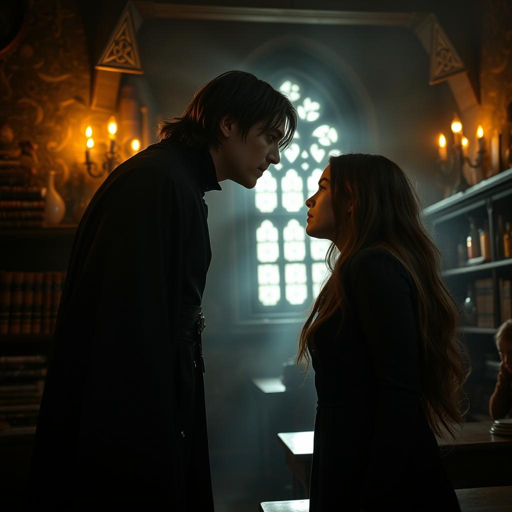 A dramatic, moody scene set in a dimly lit Hogwarts classroom, featuring Severus Snape, a tall, dark-haired man in wizarding robes, leaning in to kiss a student