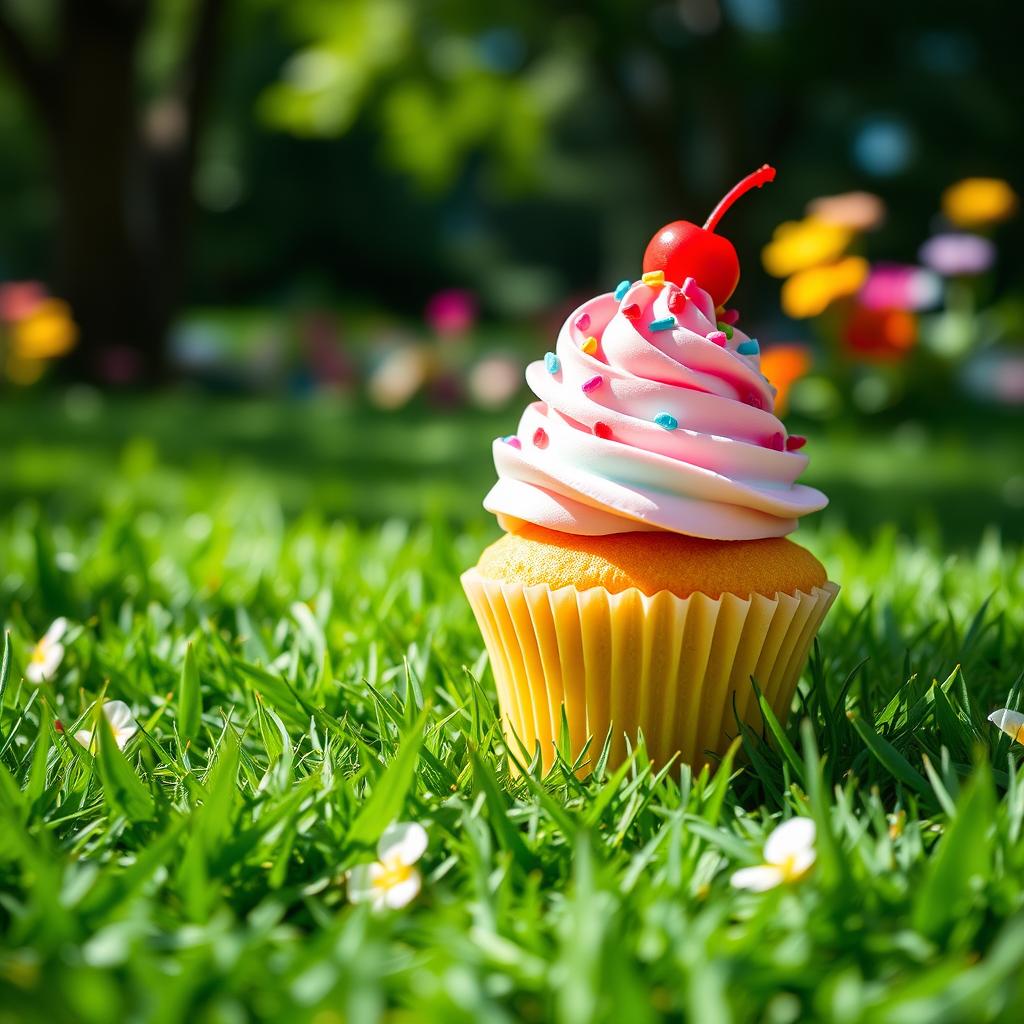 A whimsical and colorful scene featuring a beautifully decorated cupcake placed delicately on a lush green grass lawn