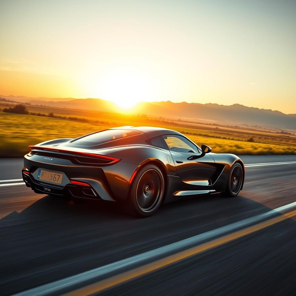 A sleek black sports car racing on an open highway, surrounded by scenic landscapes
