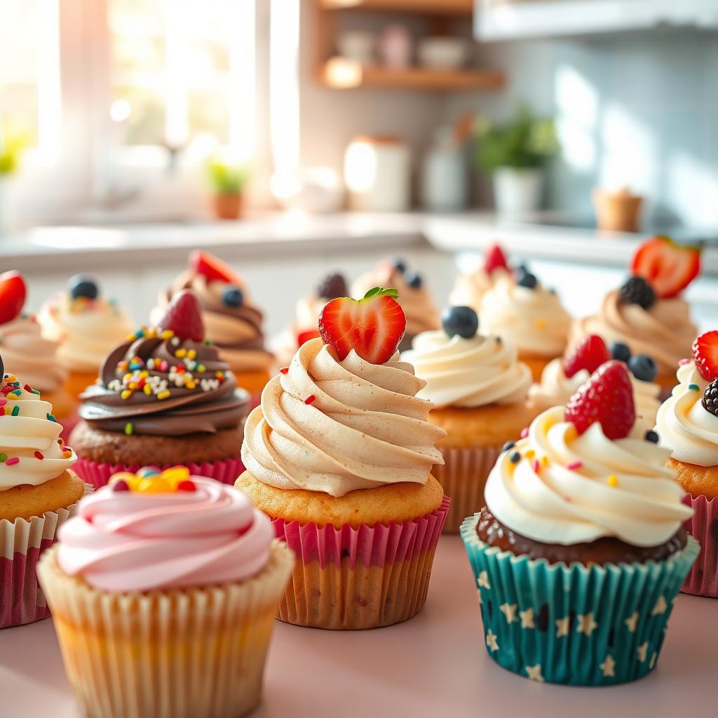 A vibrant display of assorted cupcakes beautifully arranged on a pastel-colored table