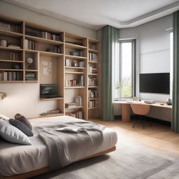 A well-arranged study room with two large windows, a cozy bed, a sleek TV, a study table, a comfortable sofa, and a bookshelf brimming with books