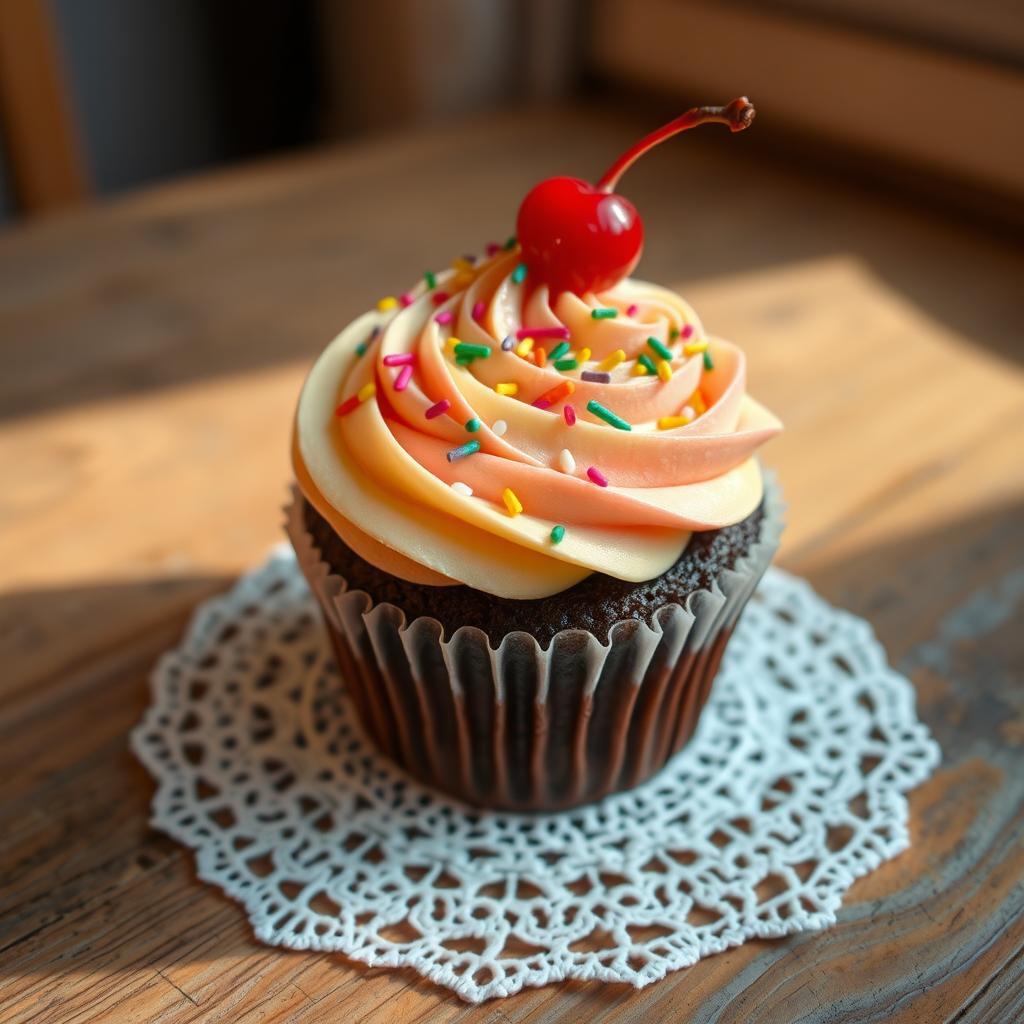 A beautifully decorated cupcake with vibrant frosting swirls, topped with colorful sprinkles, situated on a delicate lace doily