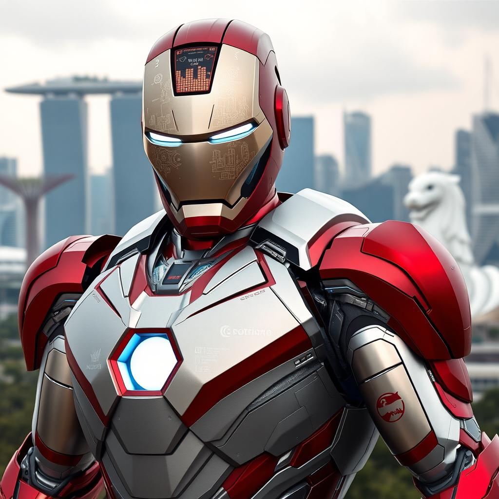 A reinterpretation of Iron Man as a character that embodies the essence of Singapore, featuring a sleek, futuristic armor design infused with elements of Singaporean culture