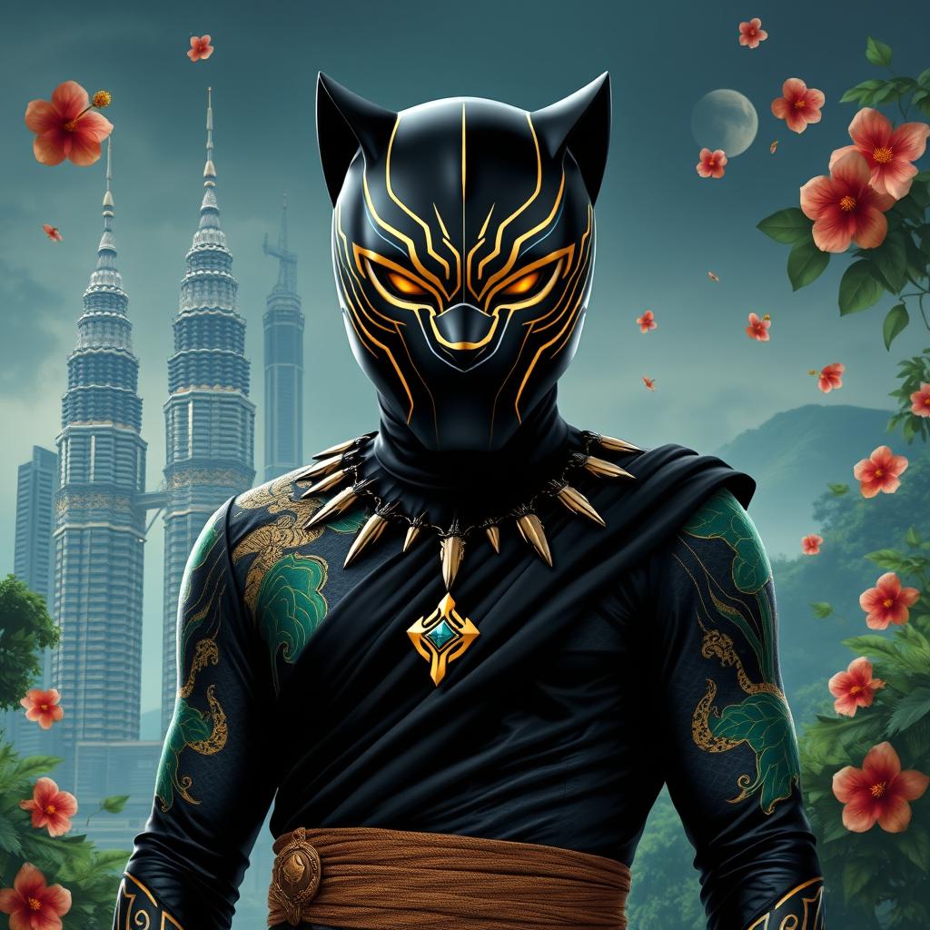 A reinterpretation of Black Panther as a character that embodies the essence of Malaysia, dressed in traditional Malaysian attire