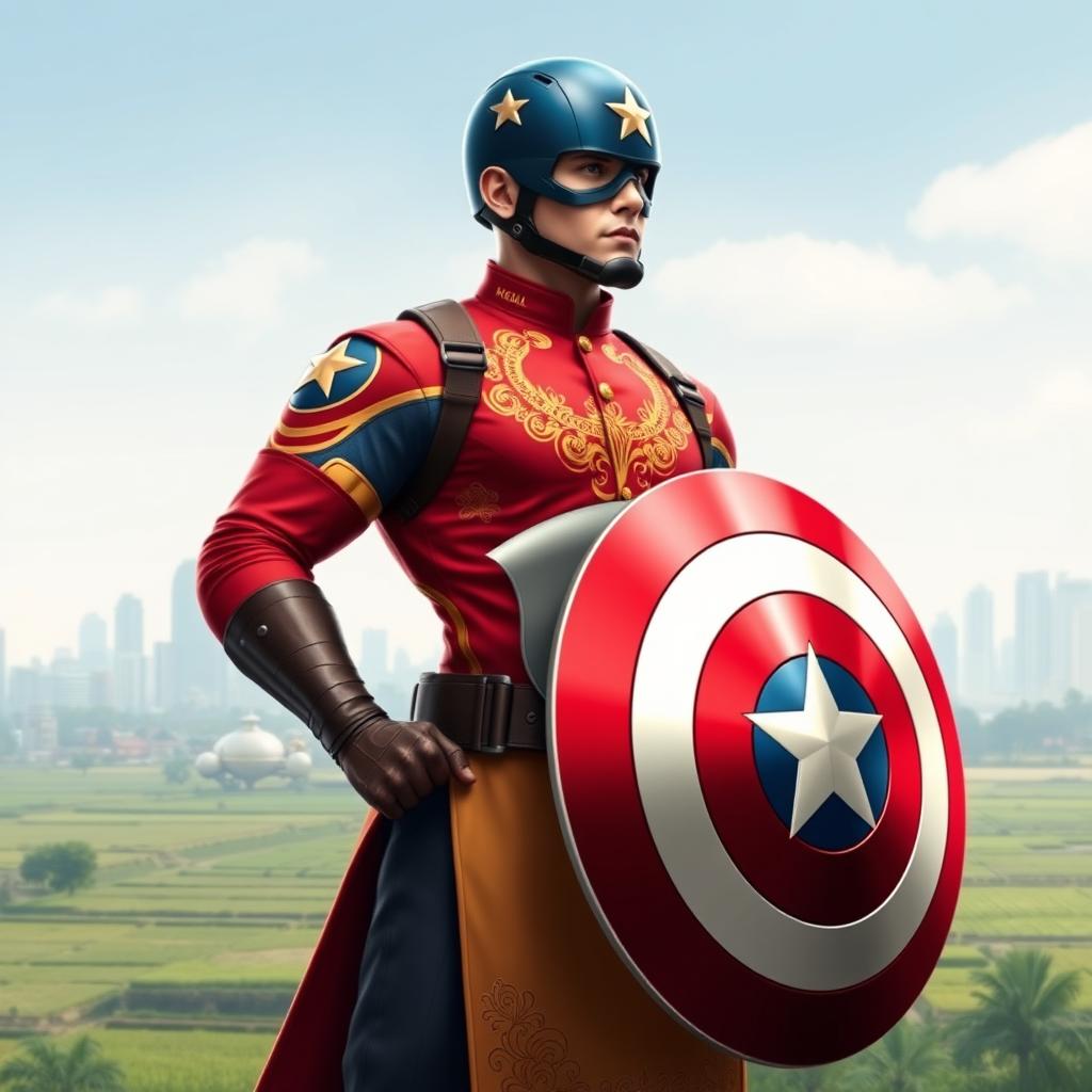 A reimagined Captain America character reflecting the culture of Vietnam, wearing traditional Vietnamese clothing
