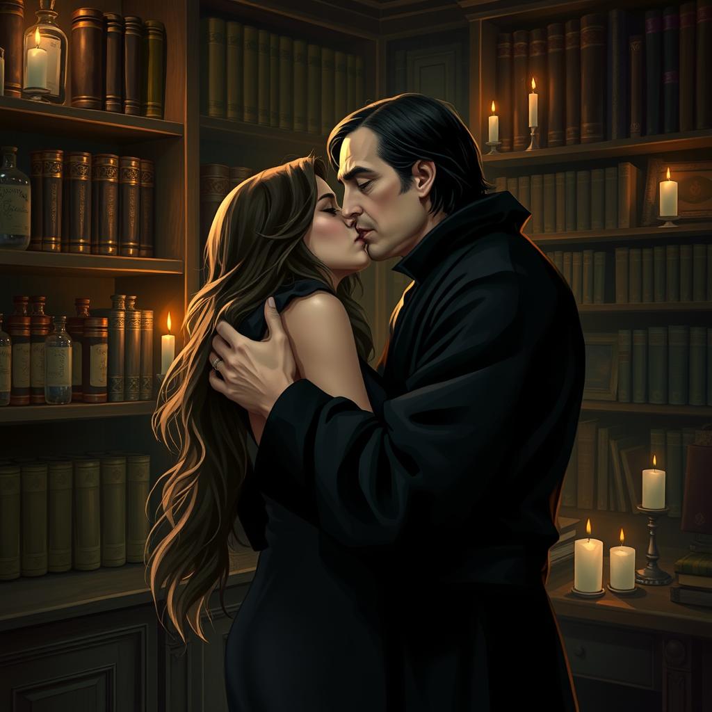 Severus Snape in his dimly lit office, surrounded by shelves full of potions and magical books