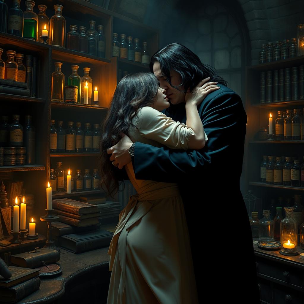 Severus Snape, a tall and brooding man with long black hair, in his dark, cluttered potions office filled with shelves of colorful potion bottles and arcane equipment