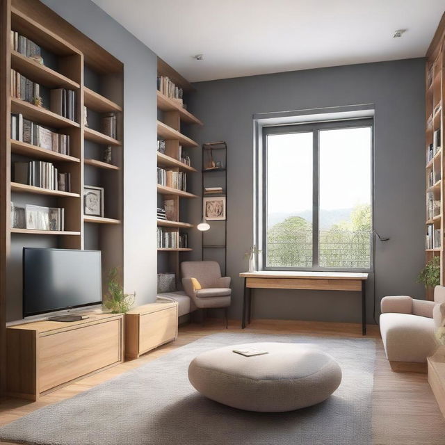 A well-arranged study room with two large windows, a cozy bed, a sleek TV, a study table, a comfortable sofa, and a bookshelf brimming with books