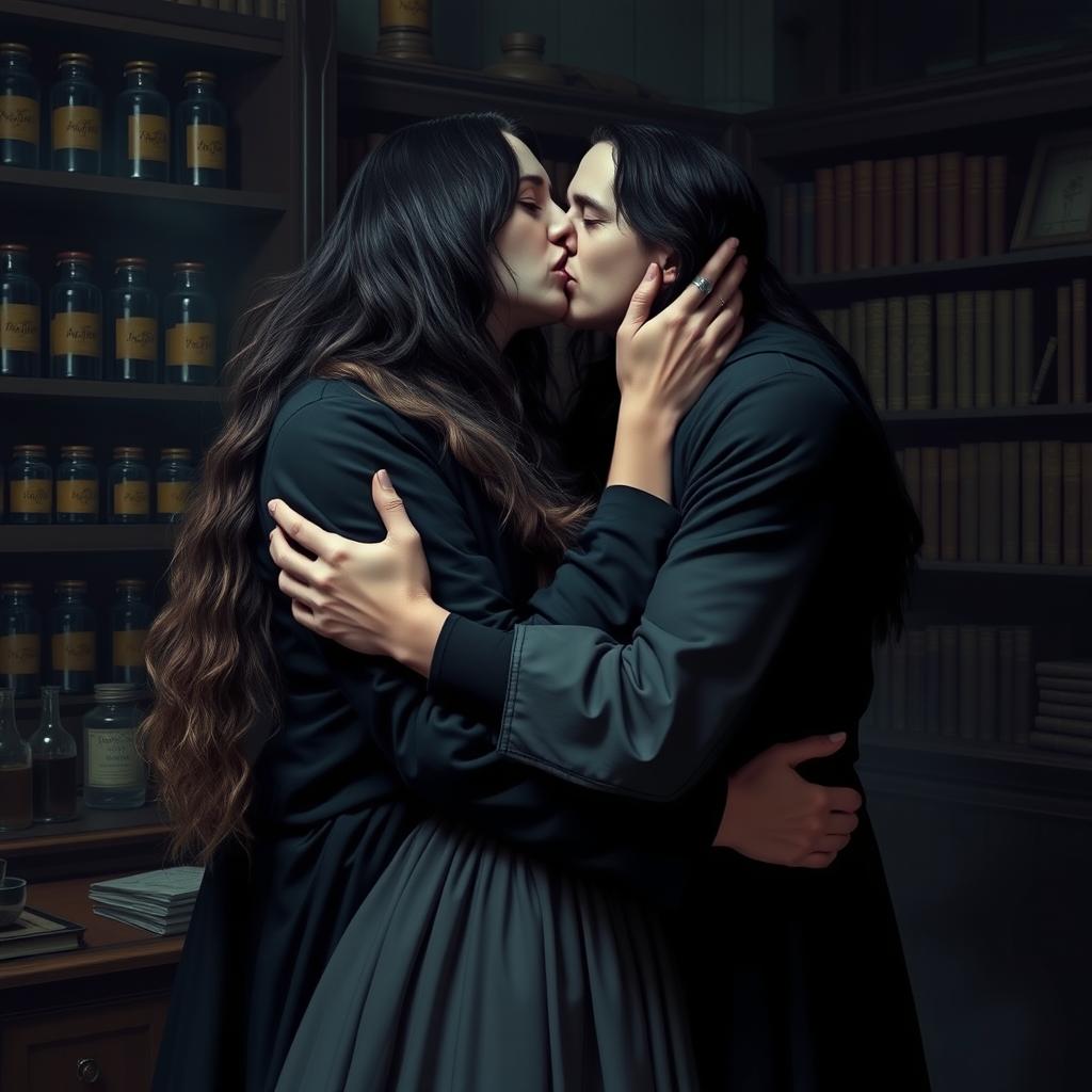 Severus Snape, a man with long black hair and pale skin, wearing his usual dark robes, is embracing a woman in his office