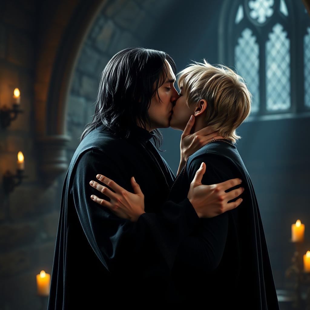 A dramatic and intimate scene depicting Severus Snape and Draco Malfoy sharing a passionate kiss