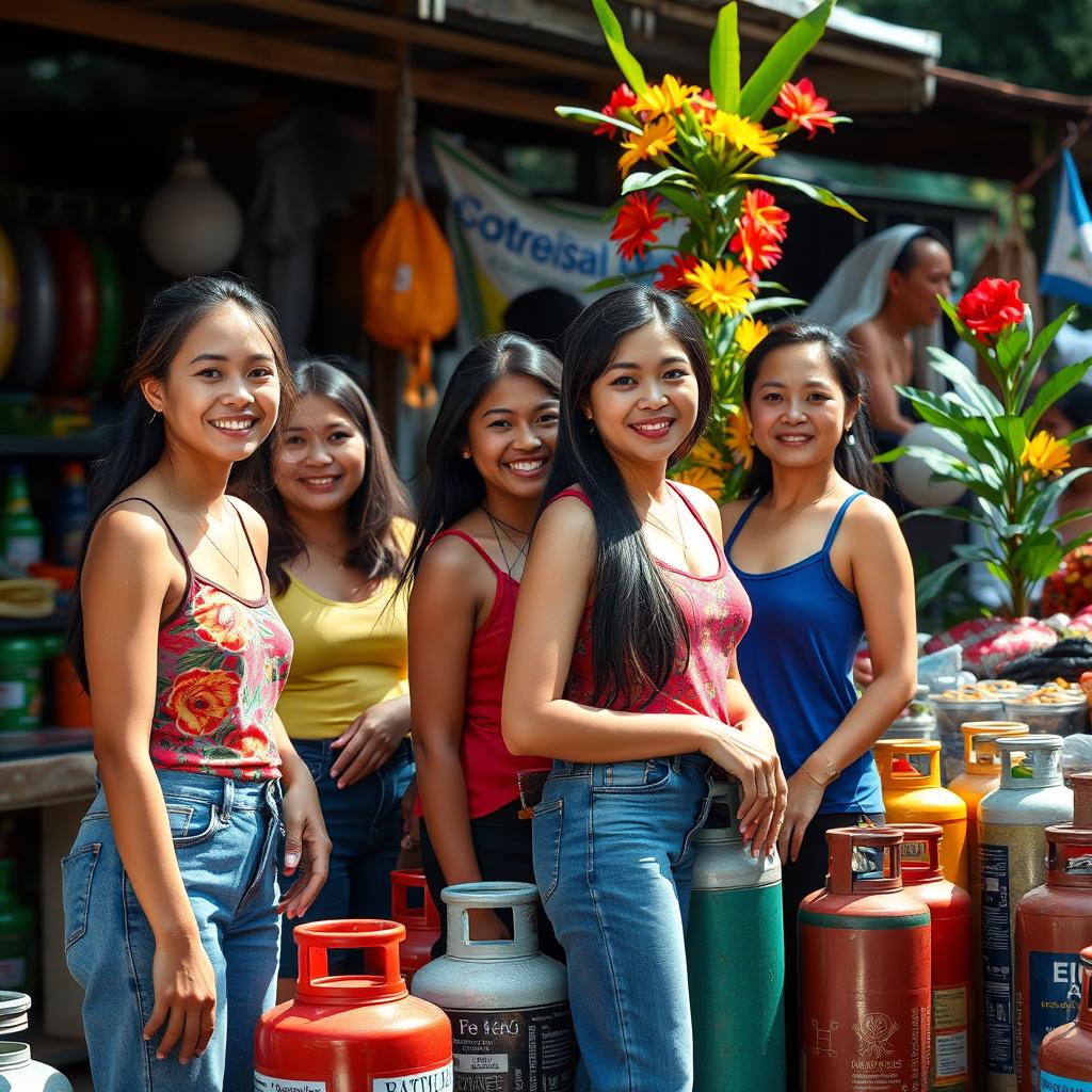 A vibrant scene in an outdoor market in Indonesia with beautiful young women of diverse ethnicities wearing colorful tank tops