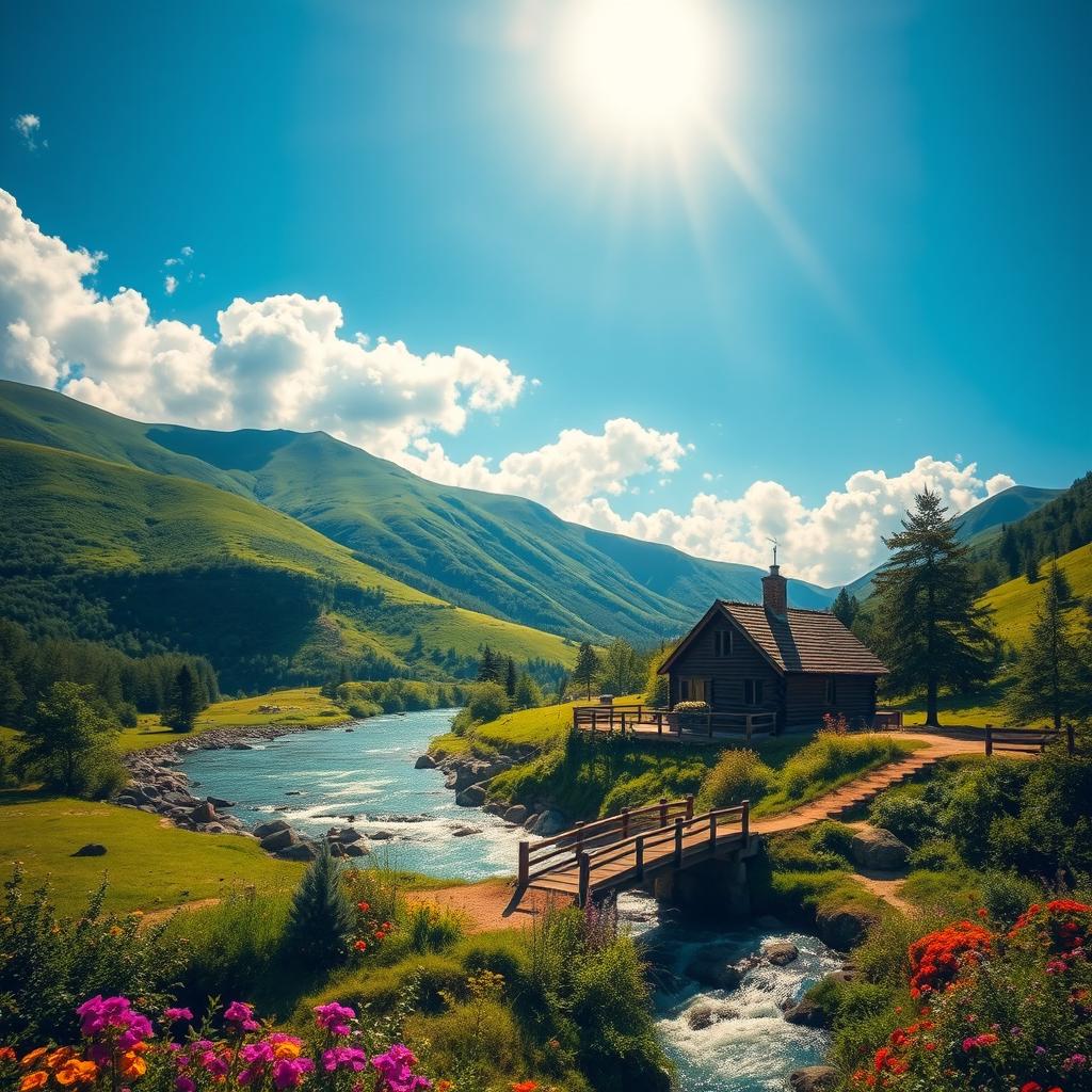A breathtaking landscape featuring lush green hills under a bright blue sky, dotted with fluffy, white clouds