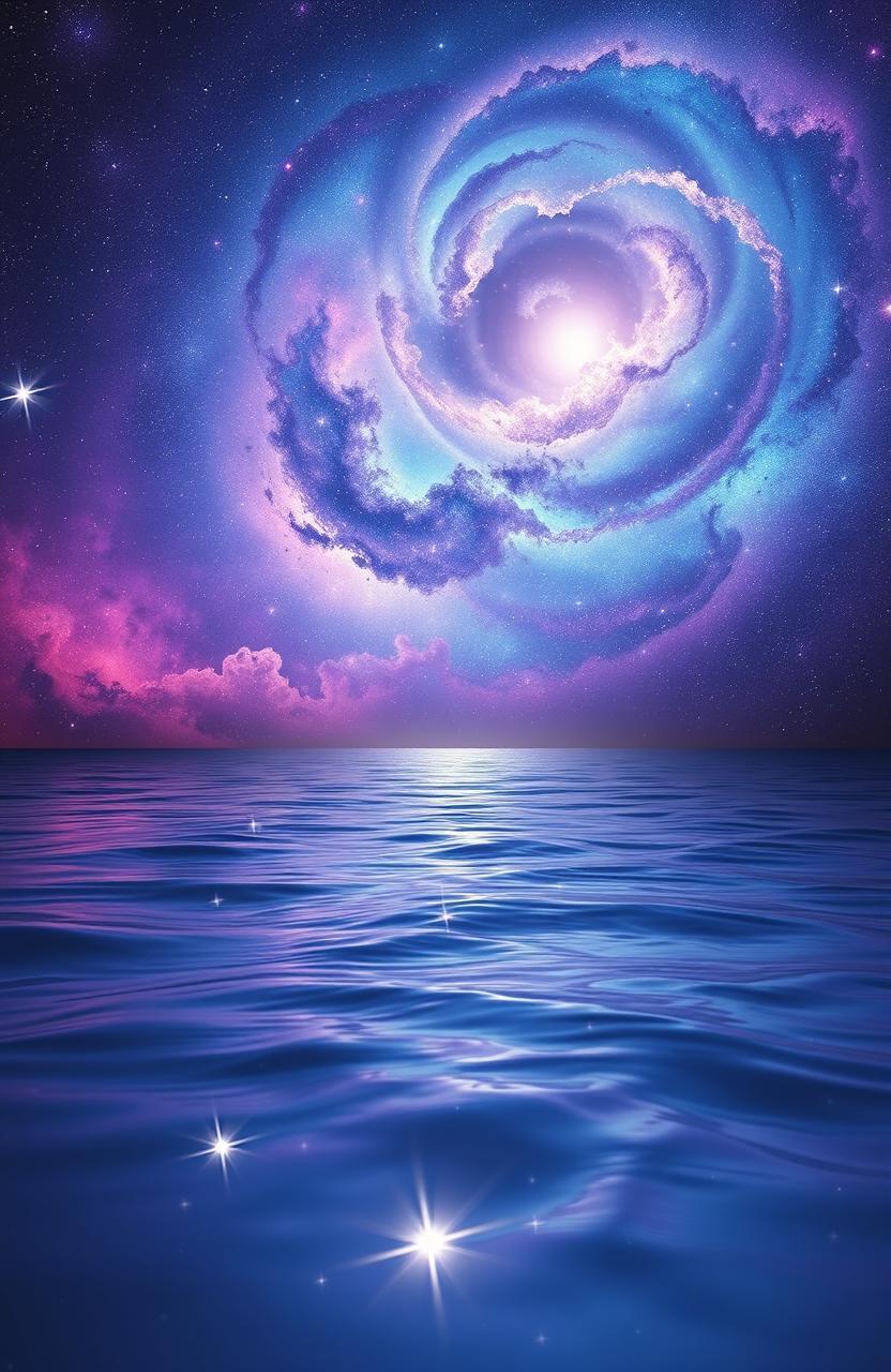 A mesmerizing scene capturing the concept of 'celestial echoes', featuring a cosmic landscape with swirling galaxies and shimmering stars reflecting off a tranquil ocean