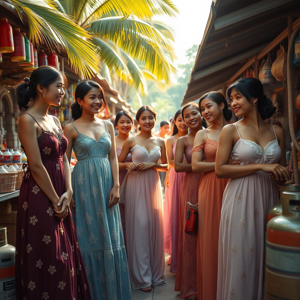 A captivating scene of beautiful young women in elegant nightgowns, gracefully queuing to purchase small gas cylinders in a bustling market in Indonesia