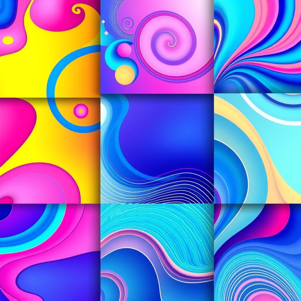 A vibrant and visually striking banner featuring a collage of colorful abstract patterns, including swirling shapes, geometric designs, and gradients in blue, pink, and yellow