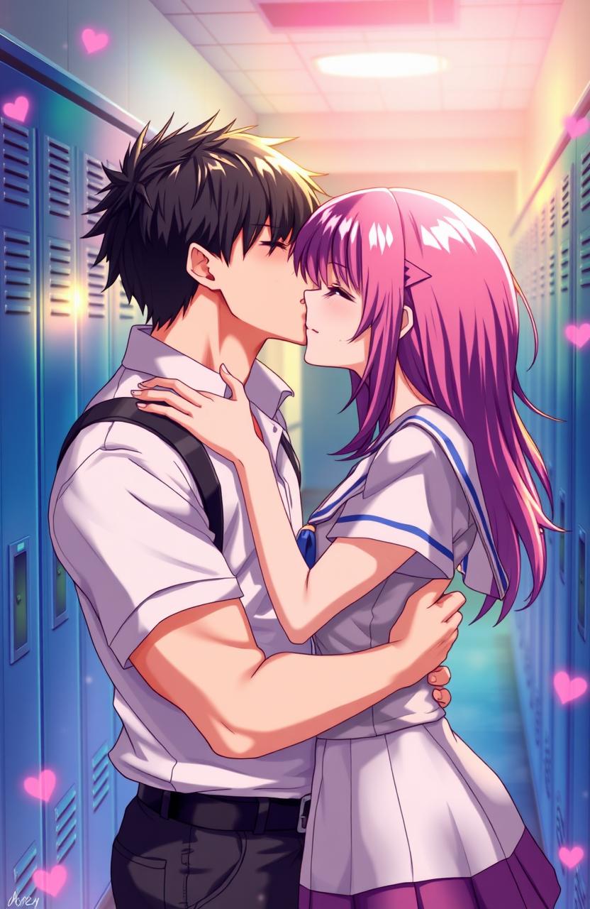 An 18-year-old Japanese couple in school uniforms passionately kissing