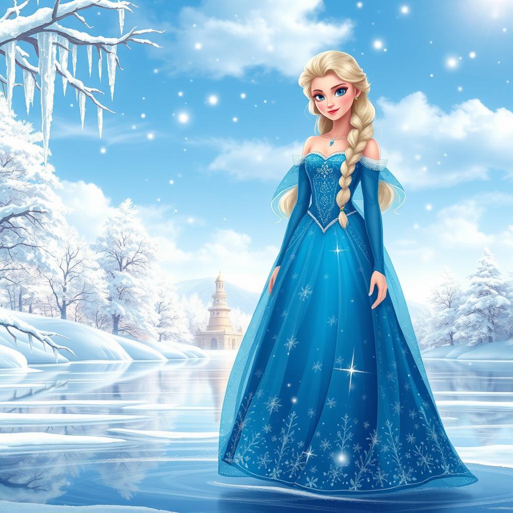 A beautiful winter scene featuring a stunning character inspired by a classic princess