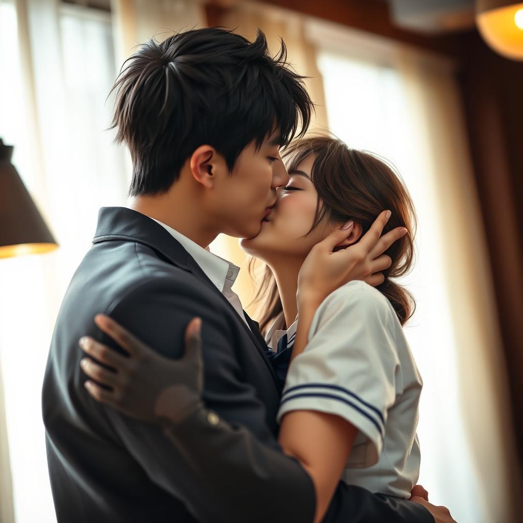 A realistic photo of an 18-year-old Japanese couple in school uniforms passionately kissing