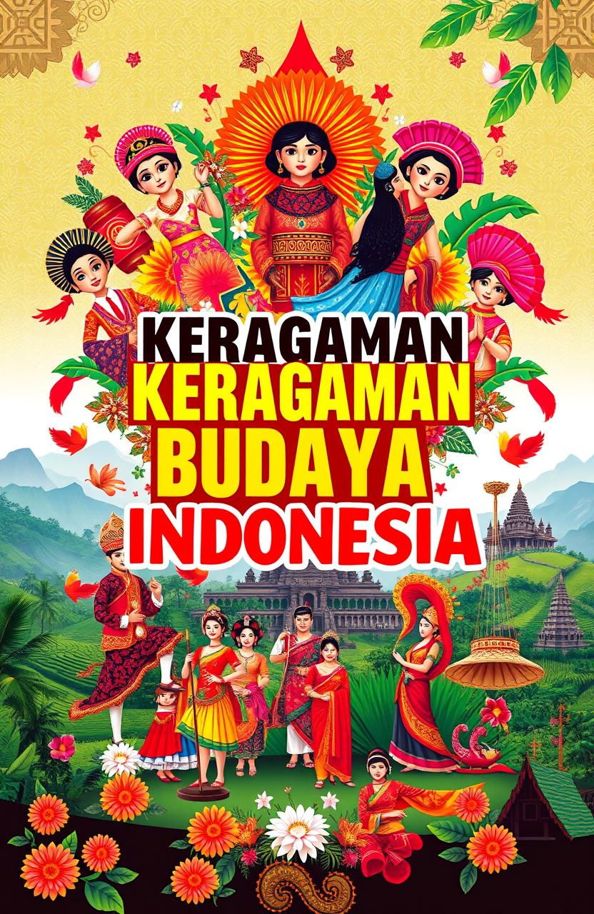 A vibrant and colorful cover design featuring the theme of 'Keragaman Budaya Indonesia' (Cultural Diversity of Indonesia)