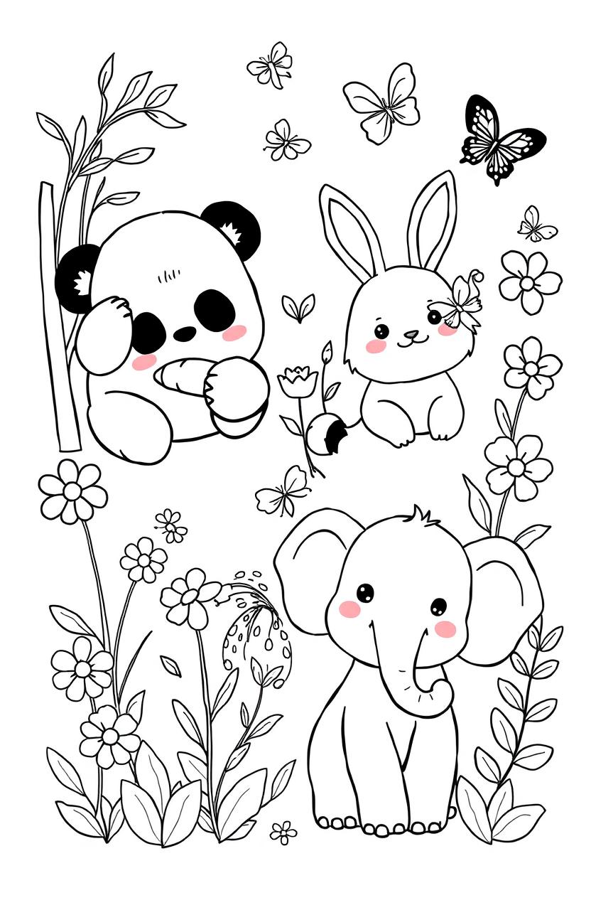 A whimsical coloring book page featuring an adorable collection of cute animals