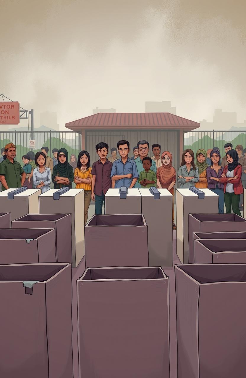 An illustrative depiction of the challenges to democracy represented by empty ballot boxes during the Makassar city regional elections