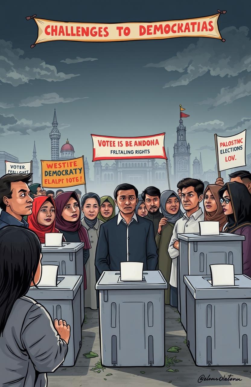 A thought-provoking political illustration depicting the theme of challenges to democracy, specifically focusing on the empty voting boxes in the Makassar city regional elections