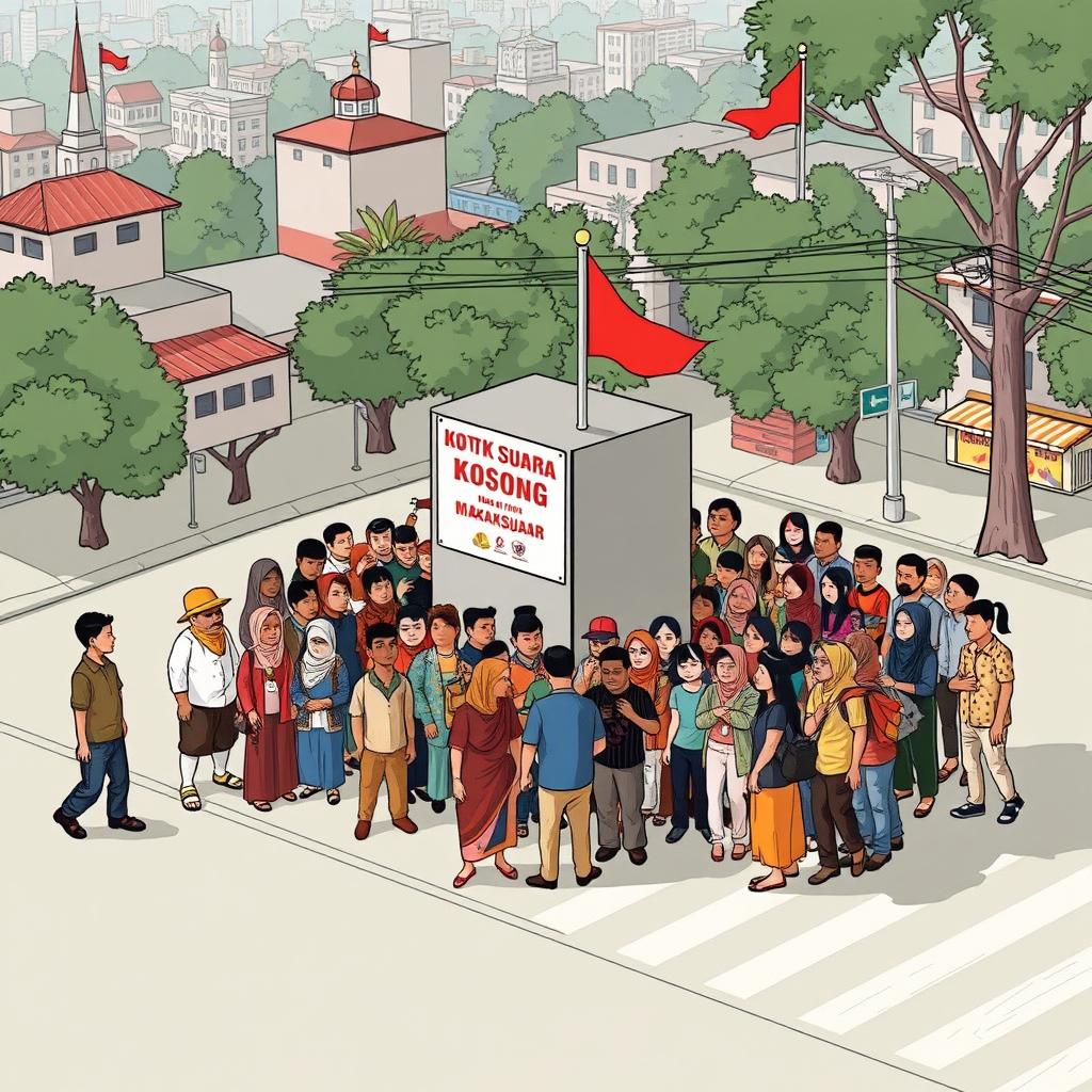 Ilustrasi yang menggugah pikiran mengenai tantangan demokrasi, dengan fokus pada kotak suara kosong dalam pilkada kota Makassar