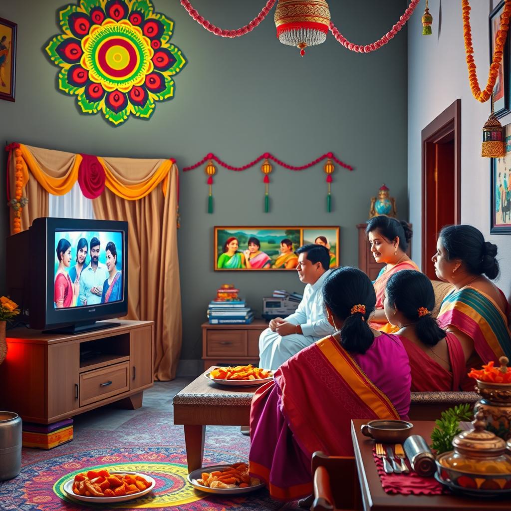 A vibrant scene depicting Tamil culture, showcasing a family gathered around a traditional television set in their living room