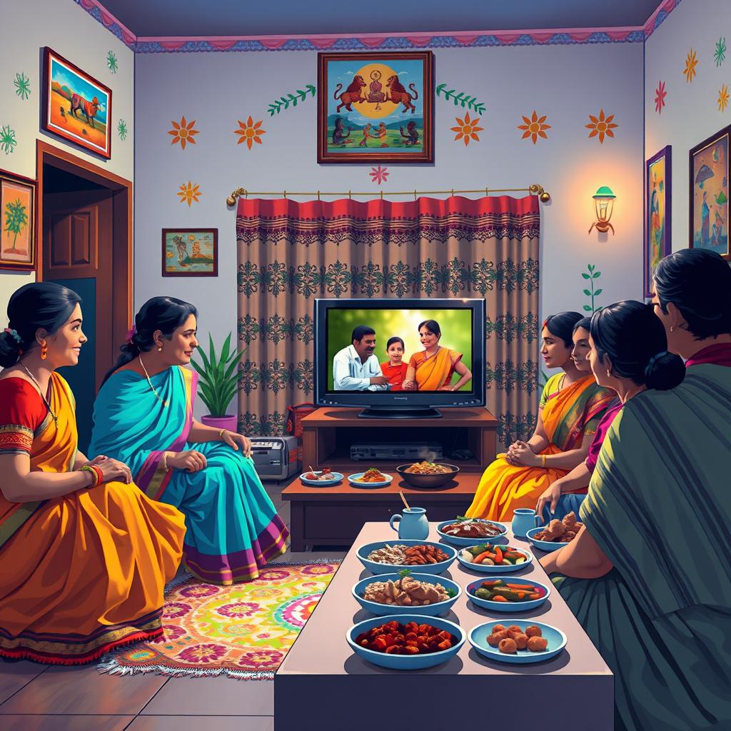 A lively depiction of Tamil culture featuring a family gathered around a traditional television set in their cozy living room