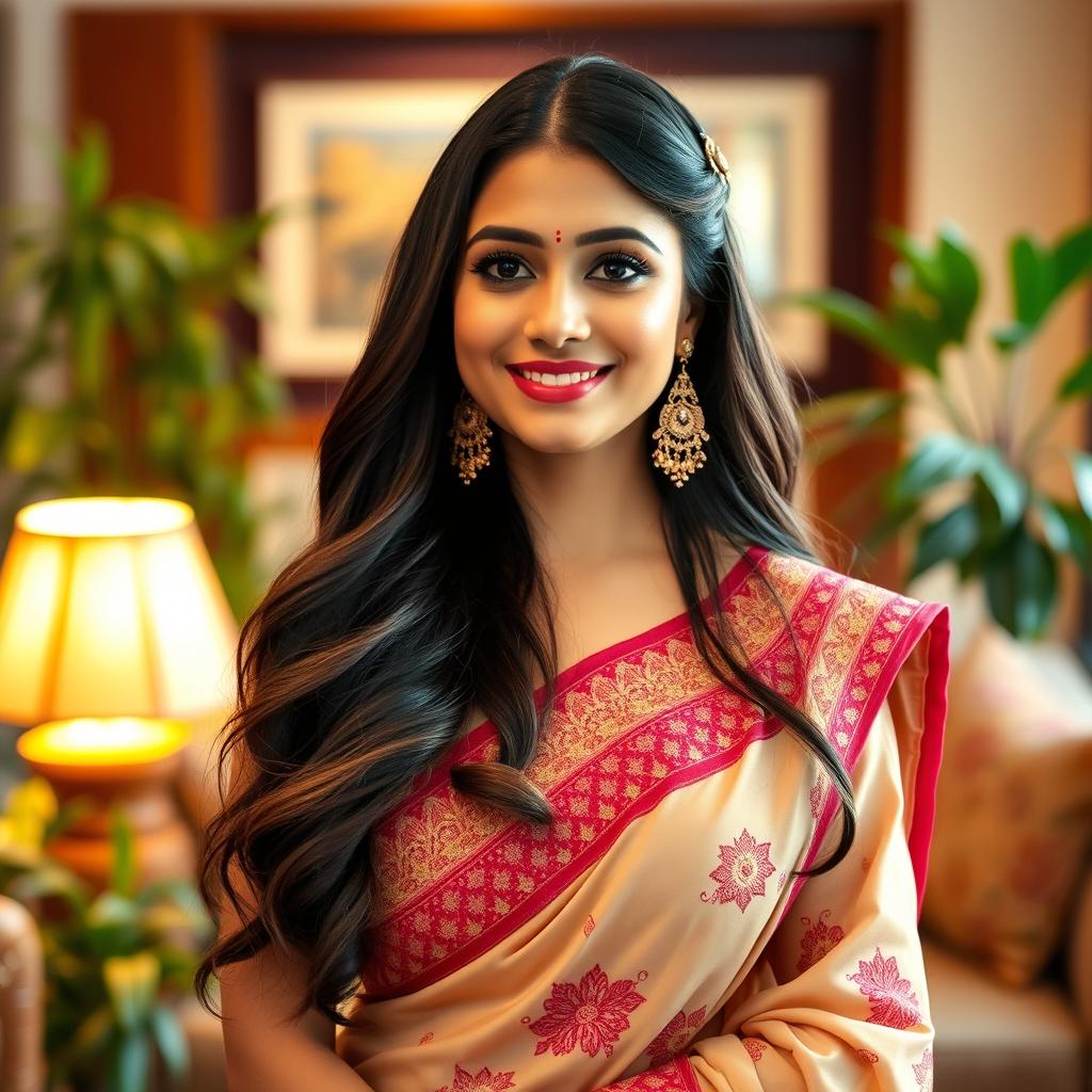 A beautiful woman in traditional South Asian attire, her elegant outfit featuring intricate embroidery and vibrant colors