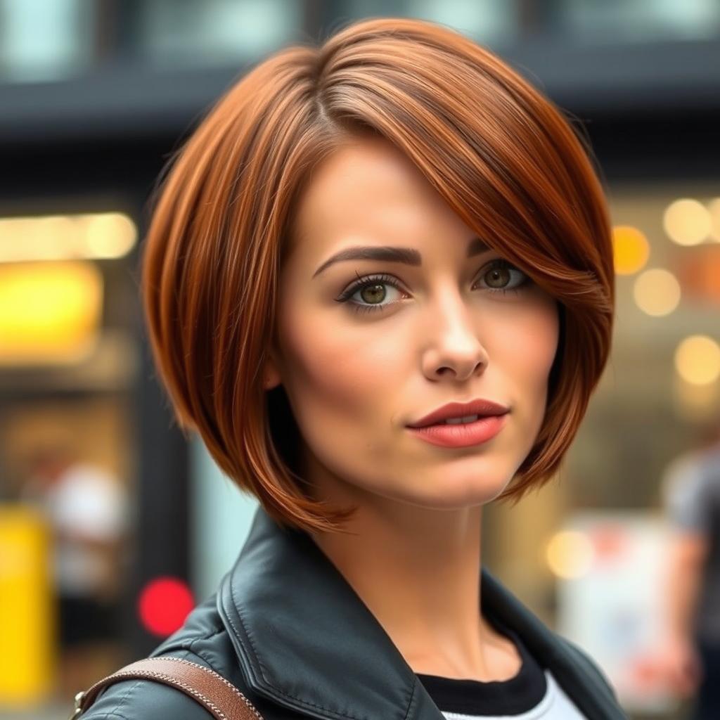 A stylish short hairstyle for a woman, featuring smooth, sleek layers that frame the face perfectly