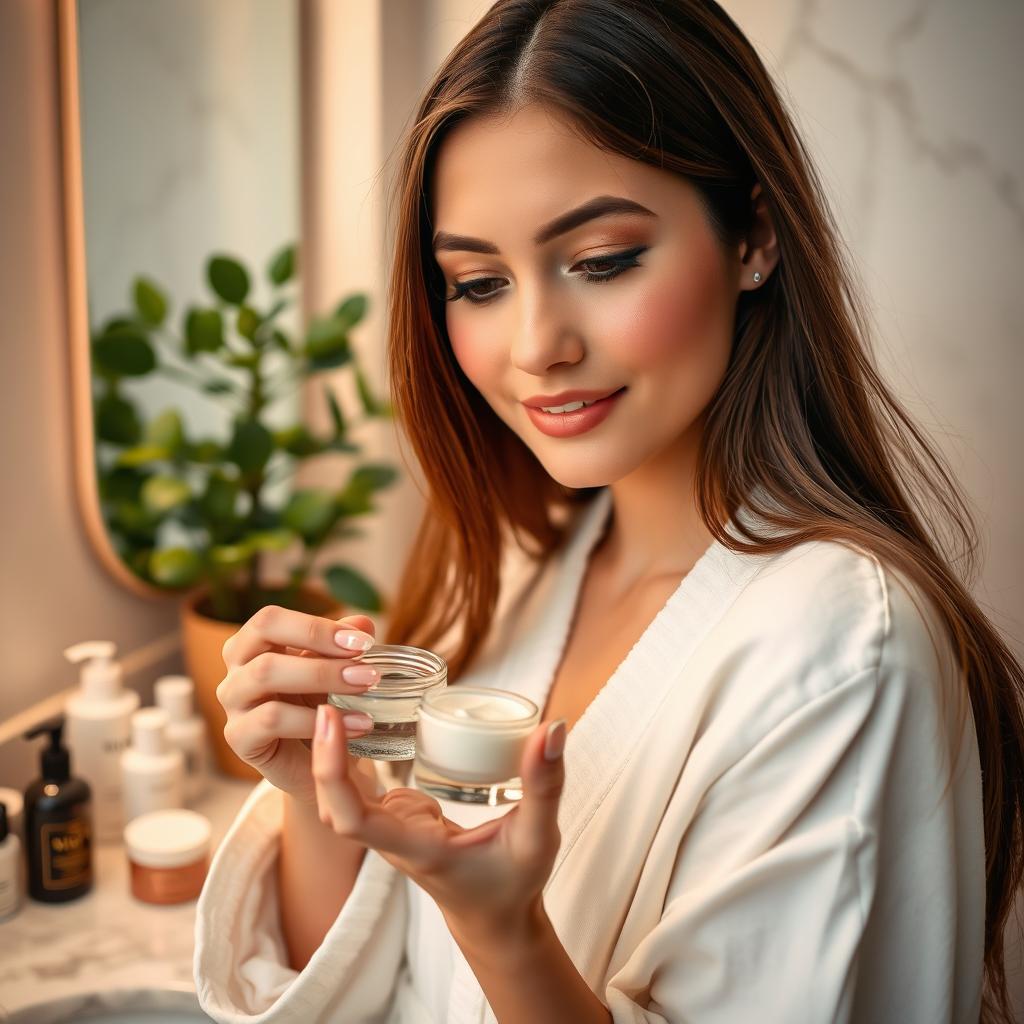 A close-up shot of a young woman in her cozy bathroom, applying skincare from an elegant glass jar