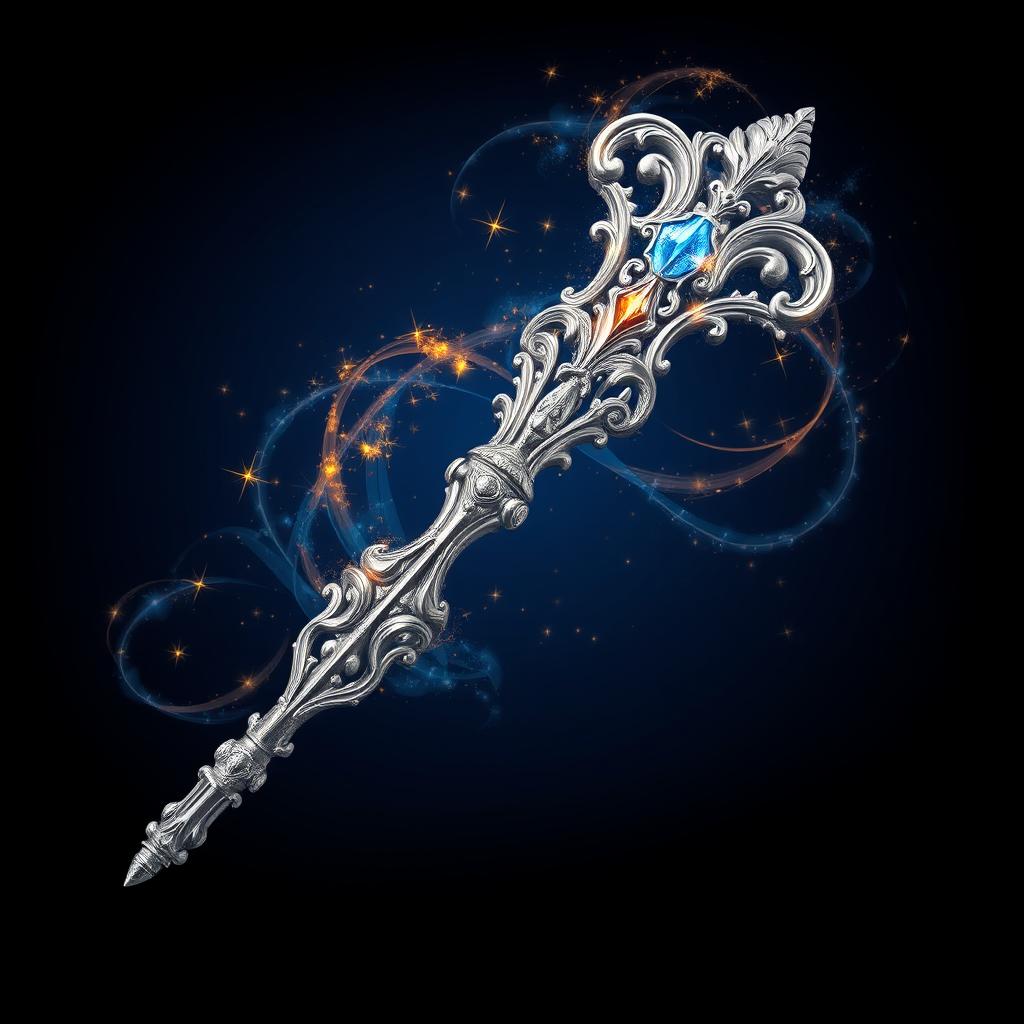 A beautifully ornate silver wand, featuring intricate designs and details, with sparkling blue and gold magic swirling elegantly around it