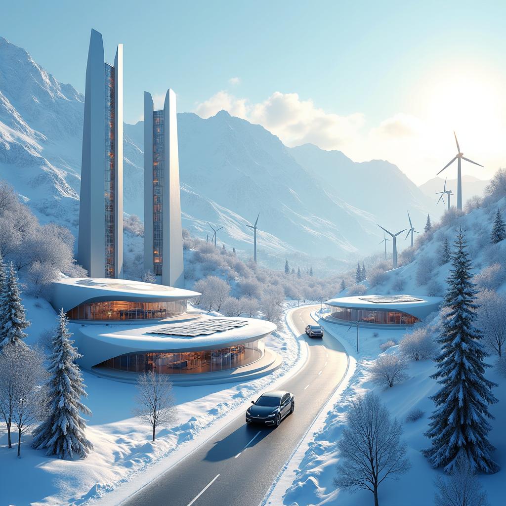 Design a modern futuristic city set against the backdrop of Siberian snowy mountains