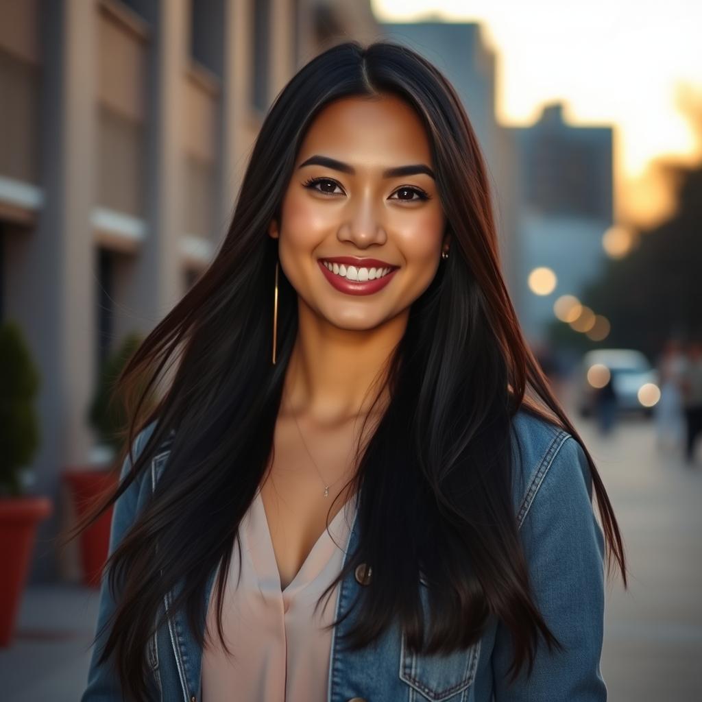 A stunning young woman with long, flowing dark hair stands against a softly lit urban backdrop, showcasing her vibrant smile