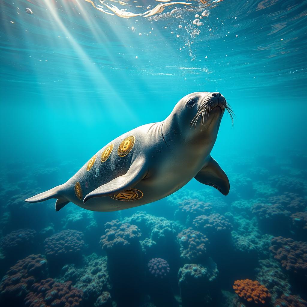 A sleek, majestic seal swimming gracefully in crystal-clear ocean waters, below the surface, with vibrant coral reefs in the background