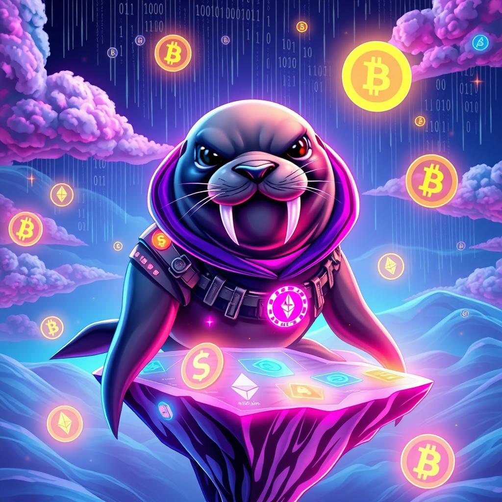 A striking digital artwork featuring a fierce, anthropomorphic seal with exaggerated fangs, dressed in a futuristic crypto-themed outfit