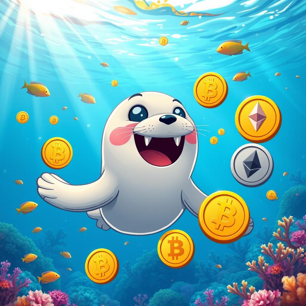 A whimsical, cartoon-style seal with oversized fangs, swimming gracefully in a vibrant, sparkling ocean filled with colorful fish and coral