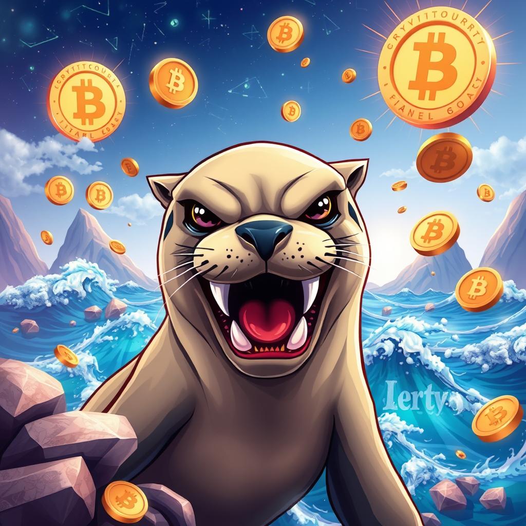 A stylized artwork featuring a fierce looking seal with exaggerated fang-like teeth, symbolizing strength and playfulness