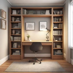 A cozy and well-illuminated study room, filled with academic touches like a sturdy desk, comfortable chair, bookshelves, and a soft reading lamp.