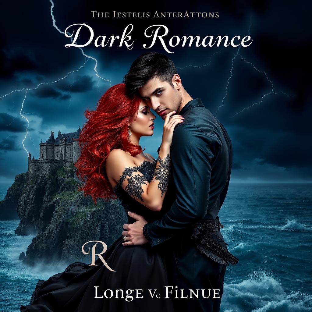 A mysterious and alluring dark romance book cover featuring a passionate embrace between a brooding, dark-haired man with piercing blue eyes and a fiery, red-haired woman with flowing hair, standing under a stormy night sky lit by flashes of lightning