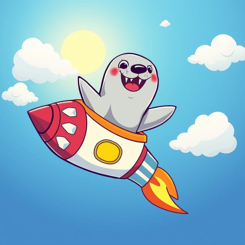 A dynamic illustration of a seal with prominent fangs, playfully posed inside a colorful cartoon-style rocket soaring through a bright blue sky