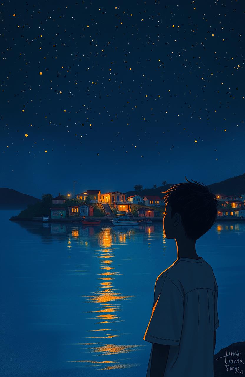 An artistic and poetic illustration inspired by the night in Luanda, depicting a deep, starry night sky reflecting on the calm waters of the bay