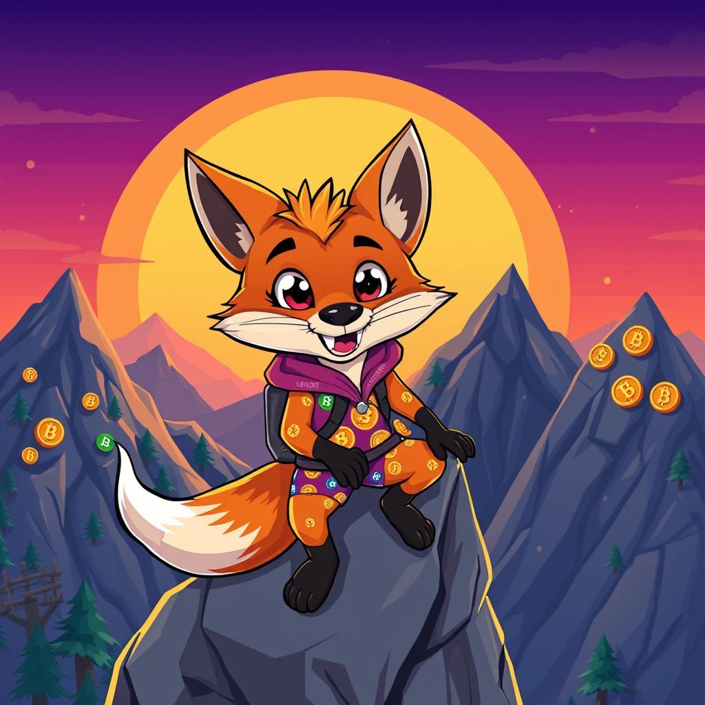 A whimsical and adventurous scene featuring a cartoonish rock climbing fox wearing a vibrant cryptocurrency-themed outfit, adorned with colorful digital coin patterns