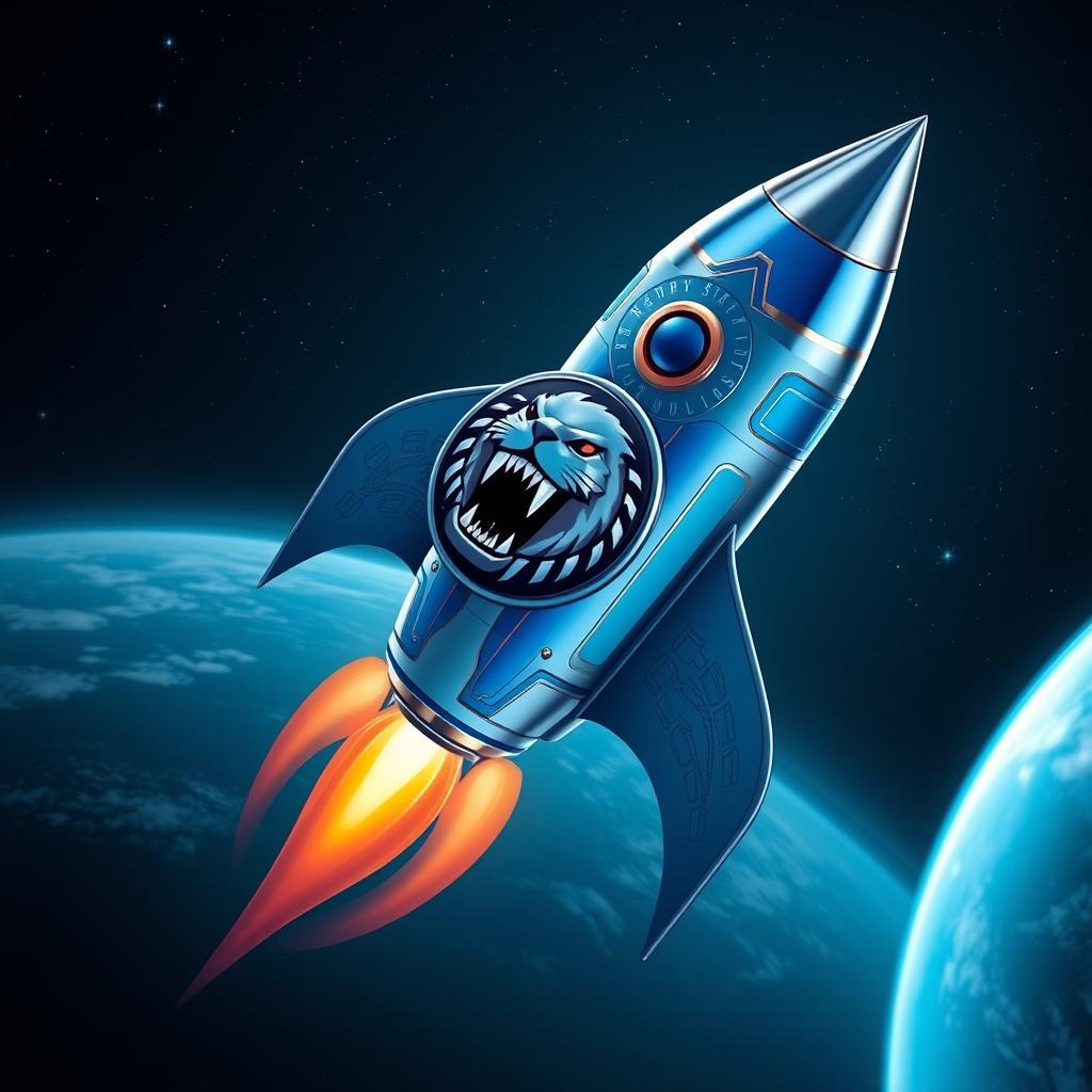 A futuristic, sleek rocket designed for cryptocurrency-themed space travel, featuring a design with a realistic seal emblem showcasing an impressive set of fangs