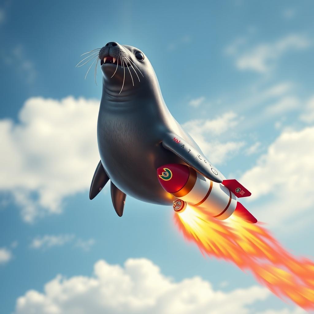 A mechanical seal with sharp, prominent fangs, flying through the sky while attached to a powerful rocket
